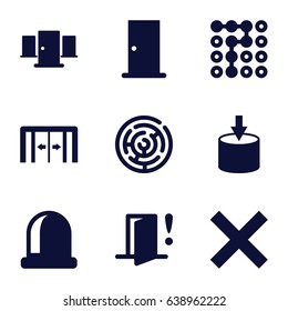Exit icons set. set of 9 exit filled icons such as sliding doors, door, door warning, entrance, labyrinth, cancel