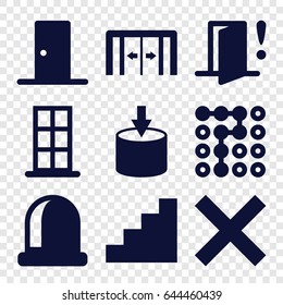 Exit icons set. set of 9 exit filled icons such as sliding doors, door, stair, door warning, entrance, labyrinth, cancel