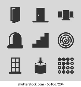 Exit icons set. set of 9 exit filled icons such as door, stair, entrance, labyrinth