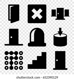 Exit icons set. set of 9 exit filled icons such as door, stair, entrance, labyrinth, cancel