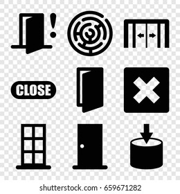 Exit icons set. set of 9 exit filled icons such as sliding doors, door, close, door warning, entrance, labyrinth