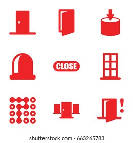 Exit icons set. set of 9 exit filled icons such as door, close, door warning, entrance, labyrinth