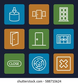 exit icons set. Set of 9 exit outline icons such as sliding doors, door, close, cancel, entrance