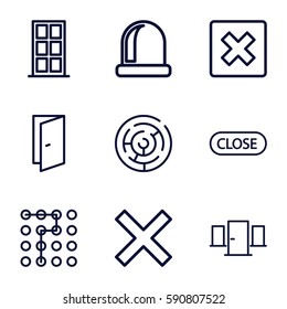 exit icons set. Set of 9 exit outline icons such as door, close, cancel, labyrinth