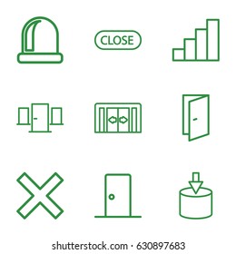 Exit icons set. set of 9 exit outline icons such as sliding doors, door, stair, close, entrance, cancel