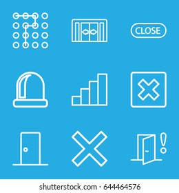 Exit icons set. set of 9 exit outline icons such as sliding doors, stair, door, close, door warning, cancel, labyrinth