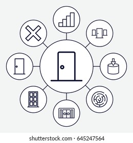 Exit icons set. set of 9 exit outline icons such as sliding doors, door, stair, entrance, labyrinth