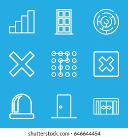 Exit icons set. set of 9 exit outline icons such as sliding doors, door, stair, cancel, labyrinth