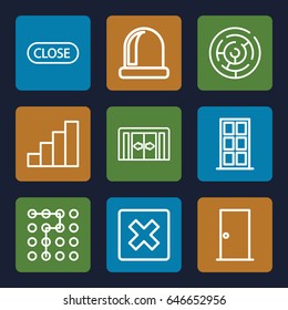 Exit icons set. set of 9 exit outline icons such as sliding doors, door, stair, close, cancel, labyrinth