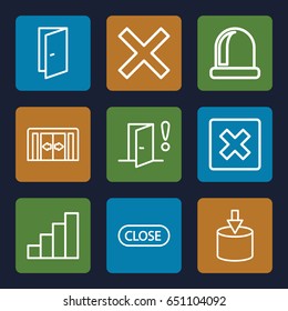 Exit icons set. set of 9 exit outline icons such as sliding doors, door, stair, close, door warning, cancel, entrance