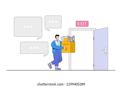 Exit interview before leaving job or organization, feedback or suggestion to HR human resources concept. Businessman employee holding office supplies in the box walking to the door with speech bubble.