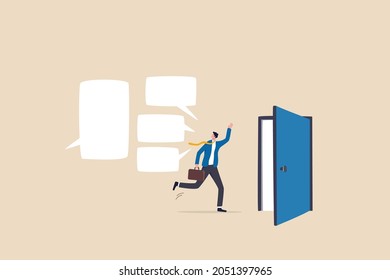 Exit interview, employee feedback before leaving or resignation, staff suggestion to HR human resources concept, resigned businessman employee about to leave the door with interview conversation.