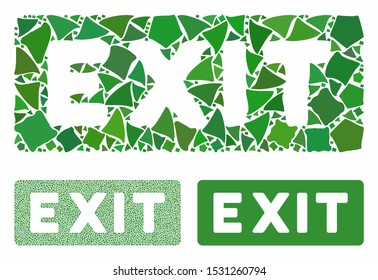 Exit label composition of abrupt parts in different sizes and color tinges, based on exit label icon. Vector tremulant pieces are united into composition. Exit label icons collage with dotted pattern.