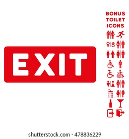 Exit Label icon and bonus gentleman and woman lavatory symbols. Vector illustration style is flat iconic symbols, red color, white background.