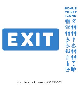 Exit Label icon and bonus gentleman and female restroom symbols. Vector illustration style is flat iconic symbols, cobalt color, white background.