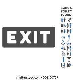 Exit Label icon and bonus gentleman and female lavatory symbols. Vector illustration style is flat iconic bicolor symbols, cobalt and gray colors, white background.