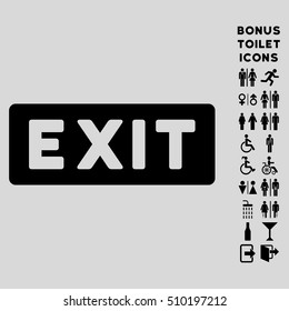 Exit Label icon and bonus gentleman and female toilet symbols. Vector illustration style is flat iconic symbols, black color, light gray background.