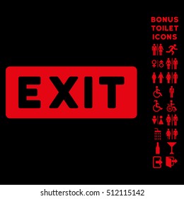 Exit Label icon and bonus gentleman and female lavatory symbols. Vector illustration style is flat iconic symbols, red color, black background.