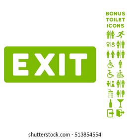 Exit Label icon and bonus male and female restroom symbols. Vector illustration style is flat iconic symbols, eco green color, white background.