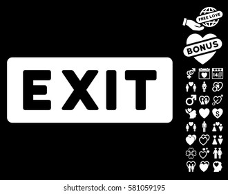 Exit Label icon with bonus marriage clip art. Vector illustration style is flat iconic white symbols on black background.