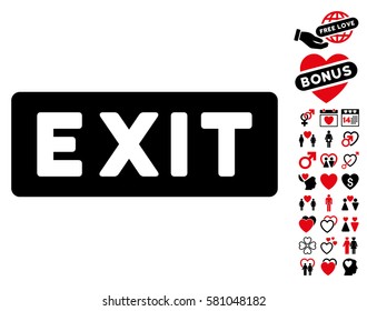Exit Label pictograph with bonus decoration pictograms. Vector illustration style is flat iconic intensive red and black symbols on white background.