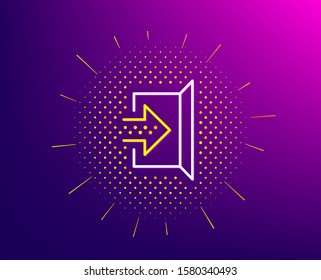 Exit line icon. Halftone pattern. Open door sign. Entrance symbol with arrow. Gradient background. Exit line icon. Yellow halftone pattern. Vector