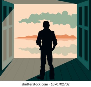 exit a man stands in front of an open door