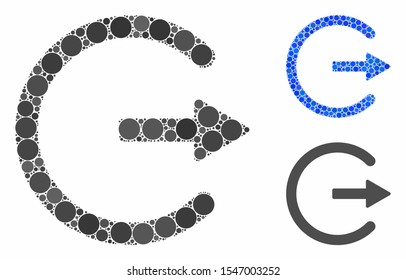 Exit mosaic of small circles in various sizes and color hues, based on exit icon. Vector small circles are united into blue collage. Dotted exit icon in usual and blue versions.