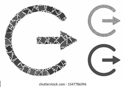 Exit mosaic of unequal parts in variable sizes and color tones, based on exit icon. Vector unequal parts are combined into collage. Exit icons collage with dotted pattern.