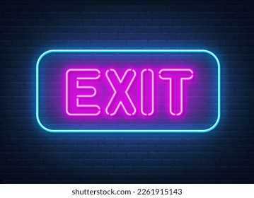 Exit neon sign on brick wall background.