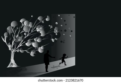 Exit Or Open Entrance. Open Door In Dark Park. Light Outdoors Shining Through Open Door. Hope Or Solution Concept. Father And Child Walking Through The Door Leading To The Light. Vector Illustration