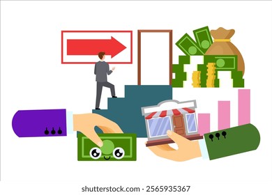 Exit plan. Selling a startup. Vector simple color flat illustration.