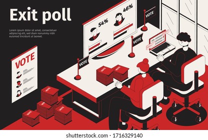 Exit poll isometric background with view of office and worker characters analyzing data with editable text vector illustration