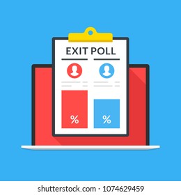 Exit Poll Results On Laptop Screen. Notebook And Clipboard With Exit Poll Data. Modern Flat Design Graphic Elements. Vector Illustration