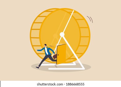 Exit rat race, breaking work routine escape from disappoint paychecks or toxic daily work environment concept, confident smart businessman running from opening exit door from trapped rat race wheel.