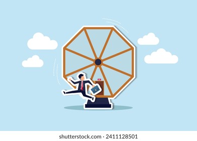 Exit rat race, breaking work routine escape from disappoint paychecks or toxic daily work environment concept, confident smart businessman running from opening exit door from trapped rat race wheel.
