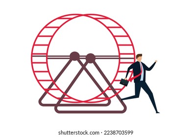 Exit rat race, confident smart businessman running from opening exit door from trapped rat race wheel.