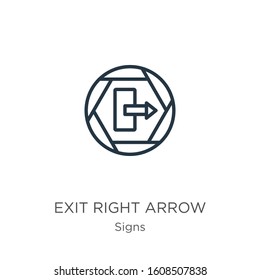 Exit right arrow icon. Thin linear exit right arrow outline icon isolated on white background from signs collection. Line vector sign, symbol for web and mobile