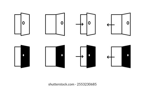 Sair do conjunto de ícones. Ícones da porta. Estilo linear e silhueta. Ícones de vetor.