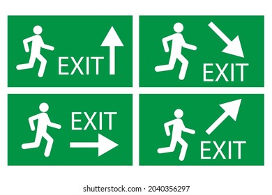 Exit sign with arrow up, right, down on green background. Safety notice emblem. Vector illustration. Stock image.