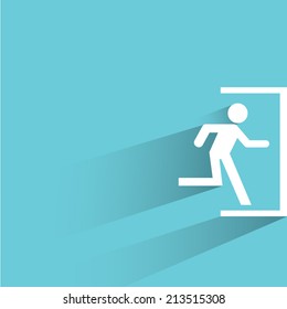 exit sign, blue background, flat and shadow theme design