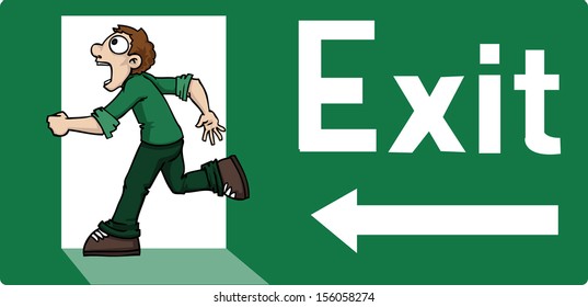 Exit sign with cartoon man running away, vector illustration