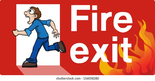 Exit sign with cartoon man running away, vector illustration