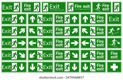 Exit sign collection in green. Set of emergency fire exit green signs. Emergency exit symbols on green rectangle board