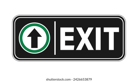 Exit sign, directional arrow inside a green border circle. Text on the right. Black background. Horizontal shape.