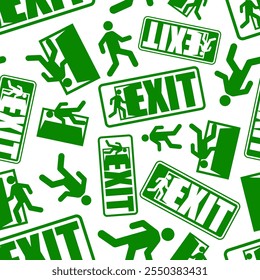 Exit sign evacuation pattern seamless. Man exiting door symbol background. Exit sign for evacuation direction texture