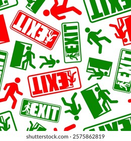 Exit sign evacuation pattern seamless. Man exiting door symbol background. Exit sign for evacuation direction texture