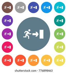 Exit sign flat white icons on round color backgrounds. 17 background color variations are included.