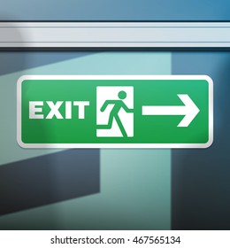 Exit sign with man running through the door and arrow on glass realistic vector illustration.