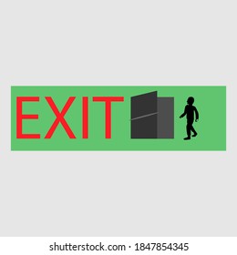 Exit sign. Man walks out the door